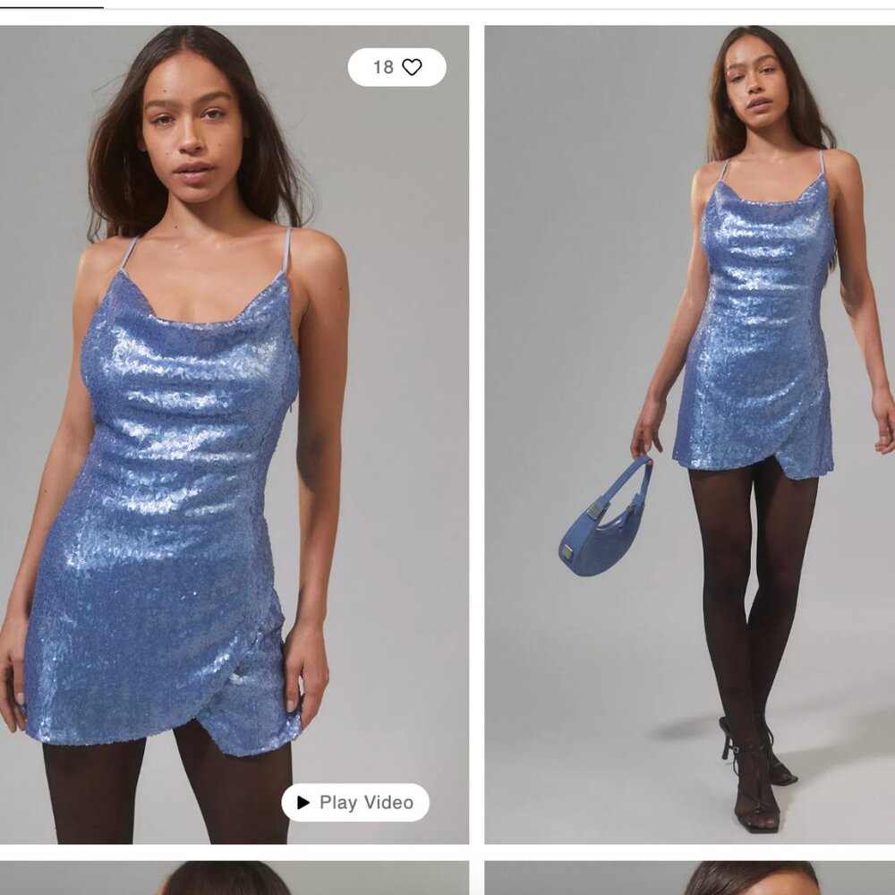 NWT {Urban Outfitters} A-list Sequin Cowl Neck Mini Dress-Light Blue-Medium - Picture 4 of 16